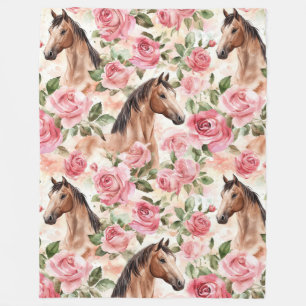 Horses Pretty Pink Roses Floral   Fleece Blanket