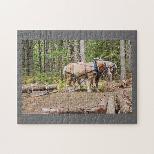 Horses Pulling Logs In Woods of Maine Jigsaw Puzzle (Horizontal)