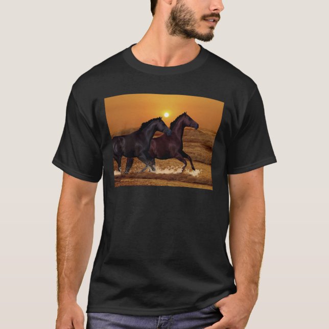 Horses running at ocean sunset T-Shirt (Front)