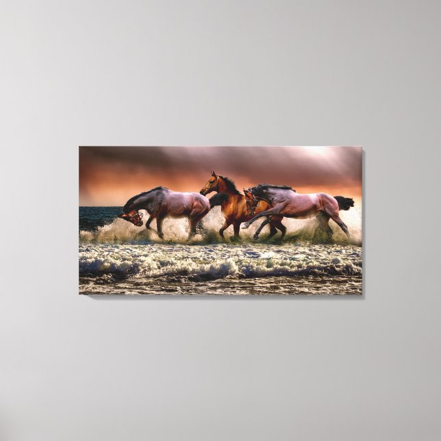Horses Running in Ocean Surf at Sunset Canvas Print (Front)
