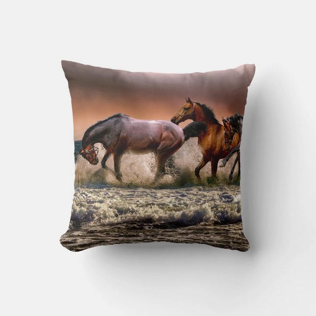 Horses Running in Ocean Surf at Sunset Cushion (Front)