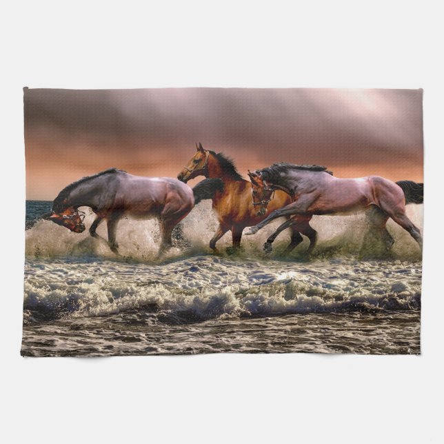 Horses Running in Ocean Surf at Sunset Tea Towel (Horizontal)