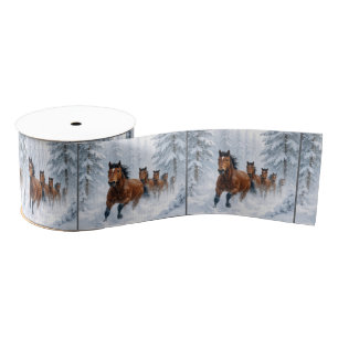 Horses Running Through a Snowy Forest Grosgrain Ribbon