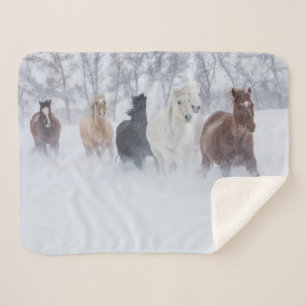 Horses Running Through the Snow Sherpa Blanket