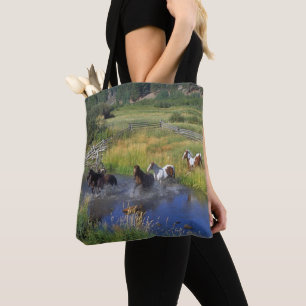 Horses Running Through Water Print on Tote Bag