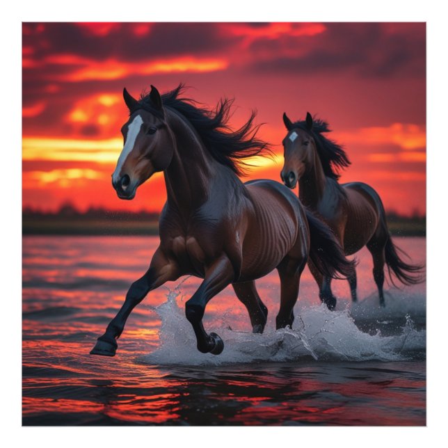 Horses Running Wild Beneath a Fiery Sky Photo Print (Front)