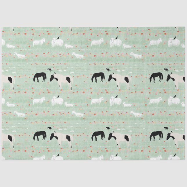 Horses Sheep Farm Pink Orange Flowers  Tissue Paper (Front)