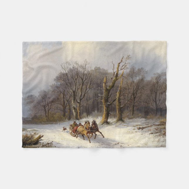 Horses Sleigh Ride Forest Winter Fleece Blanket (Front (Horizontal))