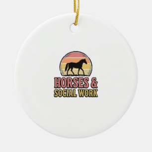 Horses & Social Work Retro Sunset Vector Design_1 Ceramic Tree Decoration