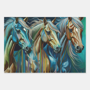 Horses Teal, Wrapping Paper Flat Sheet Set of 3