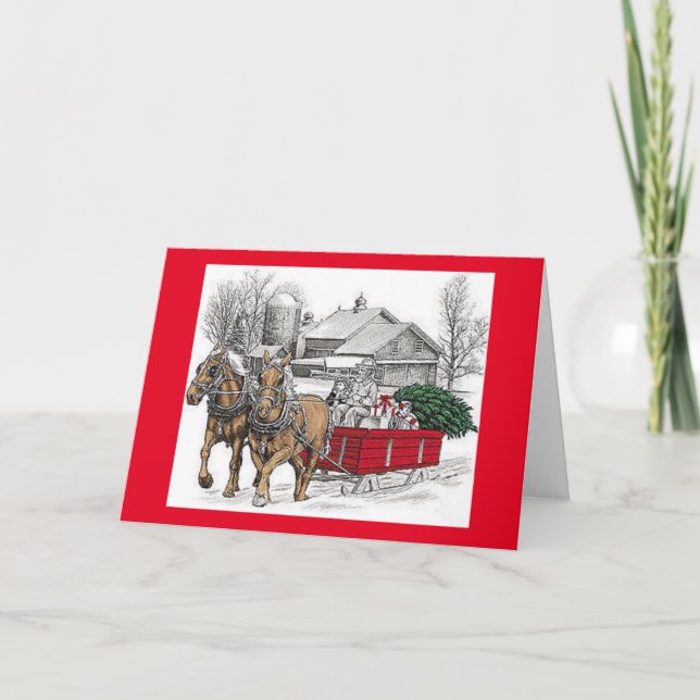 Horses & Wagon Bring Tree Christmas Holiday Card (Front)