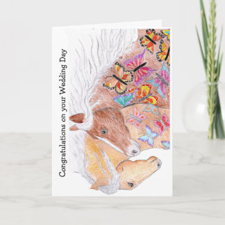 Horses with butterflies on  Wedding Day  Card