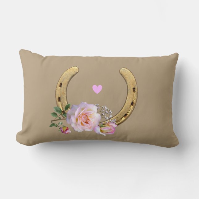 Horseshoe and flowers on beige lumbar cushion (Front)