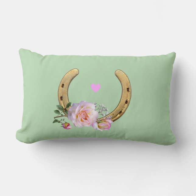 Horseshoe and flowers on light green lumbar cushion