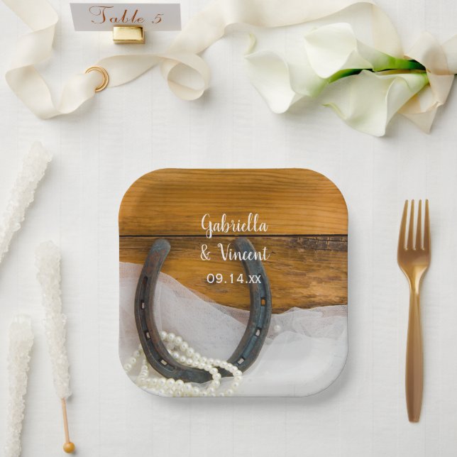 Horseshoe and Pearls Country Western Wedding Paper Plate (Wedding)