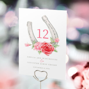 Horseshoe and pink red roses monogram table number