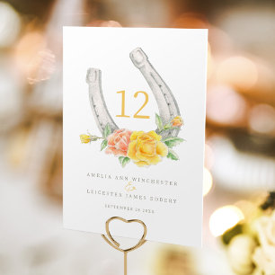 Horseshoe and yellow coral roses monogram table number