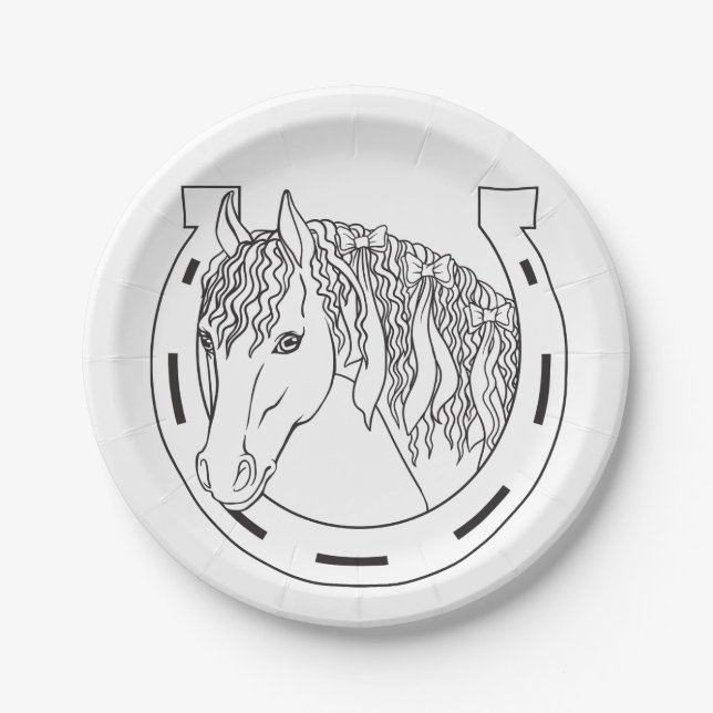 Horseshoe Black White Western Wedding Party Horse Paper Plate (Front)