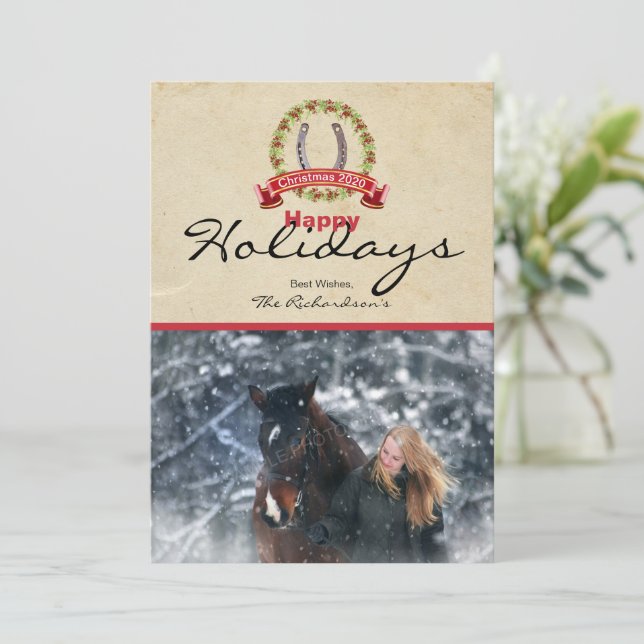 Horseshoe Christmas Wreath Horse Themed Photo Holiday Card (Standing Front)
