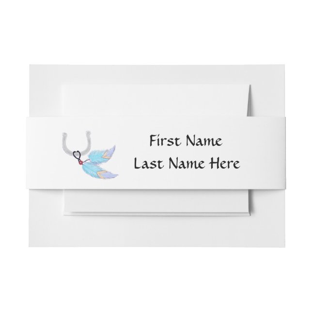 Horseshoe feathers invitation belly band (Front Example)