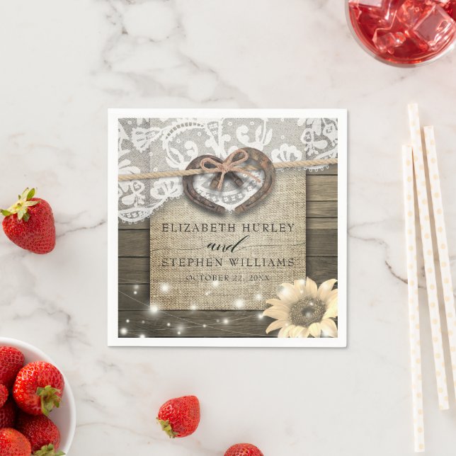 Horseshoe Heart Lace Sunflower Wood Wedding Shower Napkin (Insitu)