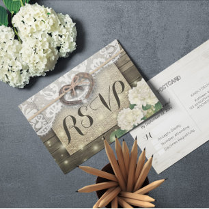 Horseshoe Hydrangea Wood Wedding RSVP Kindly Reply Invitation Postcard