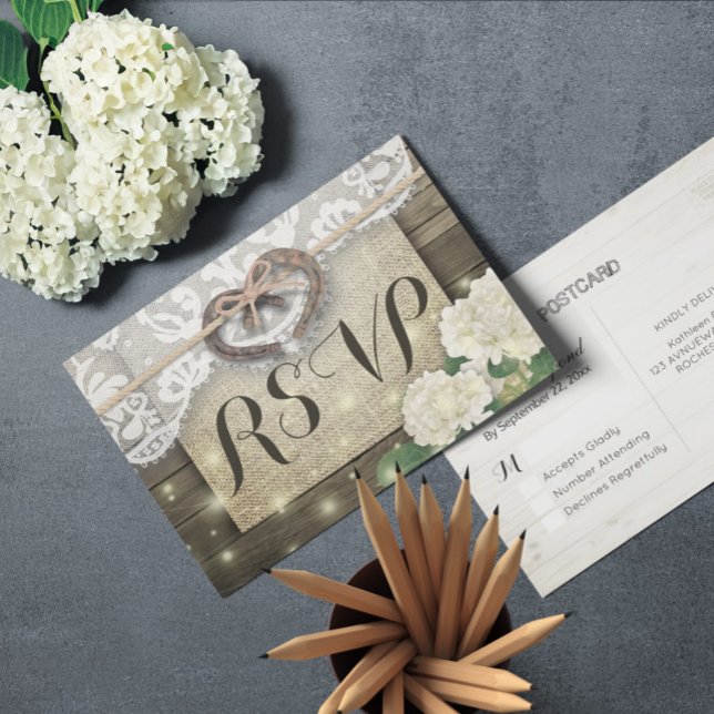 Horseshoe Hydrangea Wood Wedding RSVP Kindly Reply Invitation Postcard (Creator Uploaded)
