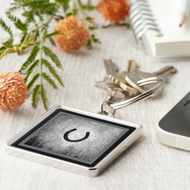 Horseshoe in Black and Grey Plaid Key Ring (Side)