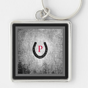 Horseshoe in Black and Grey Plaid Monogrammed Key Ring