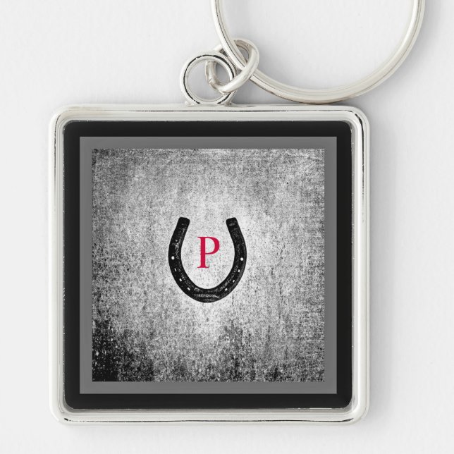 Horseshoe in Black and Grey Plaid Monogrammed Key Ring (Front)