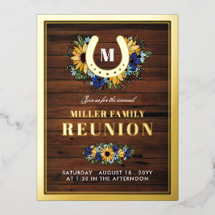 Horseshoe Monogram Sunflowers Wood Family Reunion Foil Invitation Postcard