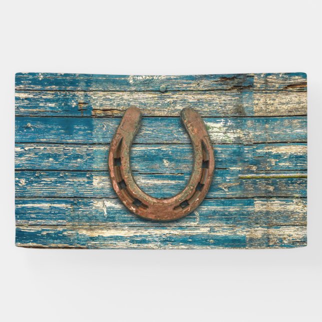 Horseshoe on Blue Wooden Boards Banner (Horizontal)