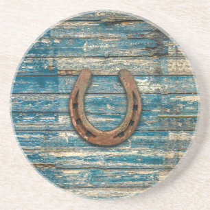 Horseshoe on Blue Wooden Boards Coaster
