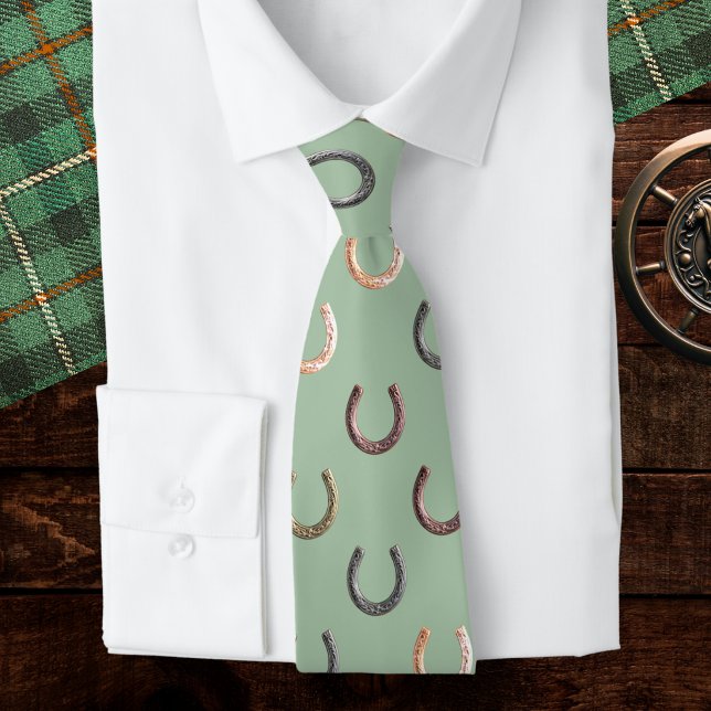 Horseshoe Pattern Equestrian Horse Rider Tie (A stylish light green tie with horseshoes pattern, ideal for horse riding enthusiasts)