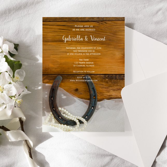 Horseshoe, Pearls and Barn Wood Western Wedding Invitation (Creator Uploaded)