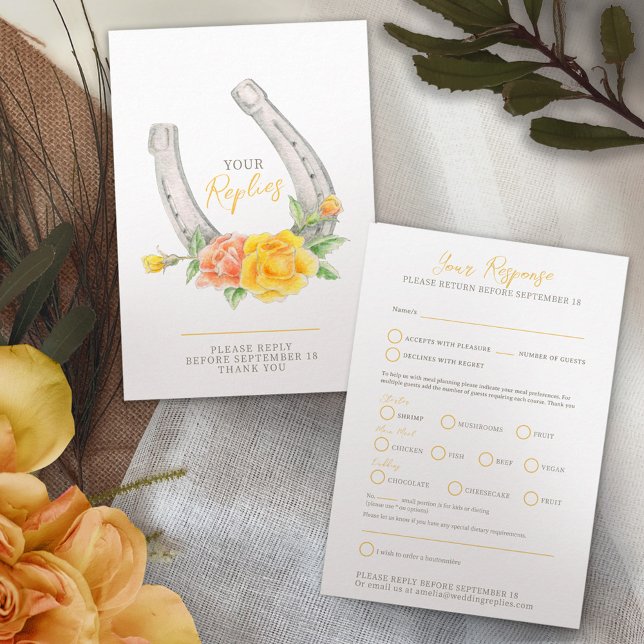 Horseshoe roses watercolor grey yellow wedding RSVP card (Creator Uploaded)