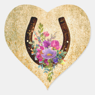 Horseshoe Rustic Watercolor Floral Good Luck  Heart Sticker