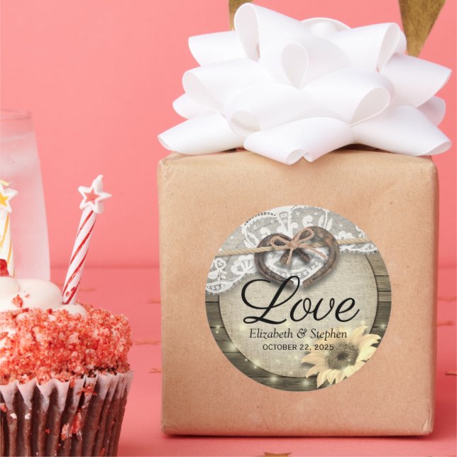 Horseshoe Sunflower Wood Country Wedding Thank You Classic Round Sticker (Party)