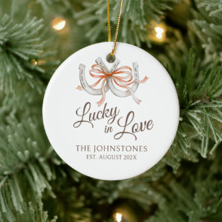 Horseshoes and ribbons lucky in love wedding photo ceramic tree decoration