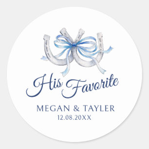 Horseshoes blue ribbon wedding his favourite classic round sticker