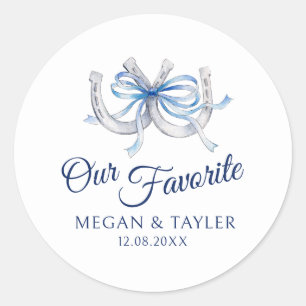 Horseshoes blue ribbon wedding our favorite classic round sticker
