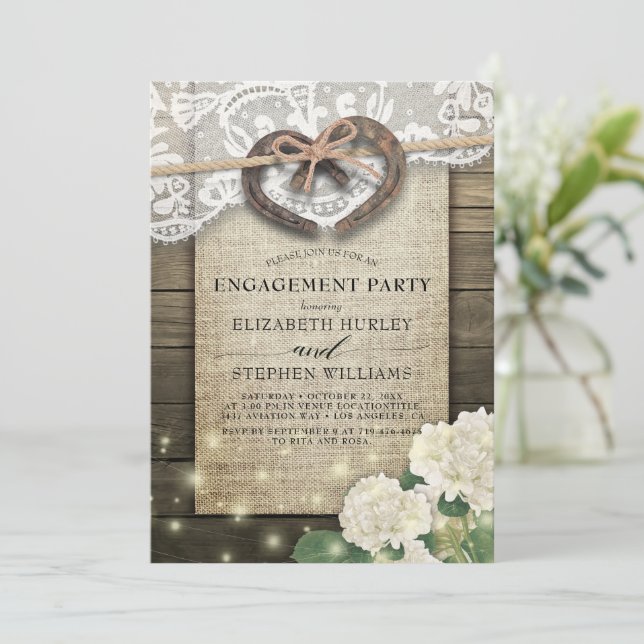 Horseshoes Burlap Lace Hydrangea Engagement Party Invitation (Standing Front)