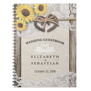 Horseshoes Burlap Lace Sunflower Wedding Guestbook Spiral Notebook