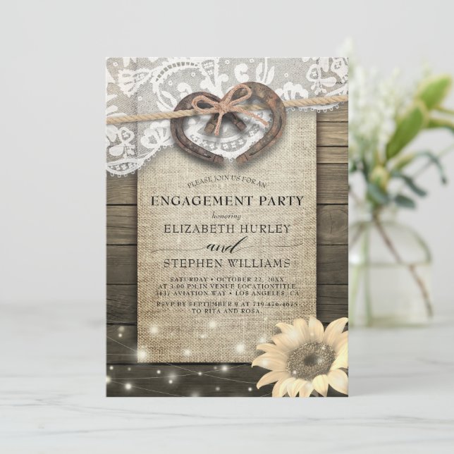 Horseshoes Burlap Lace Sunflowers Engagement Party Invitation (Standing Front)