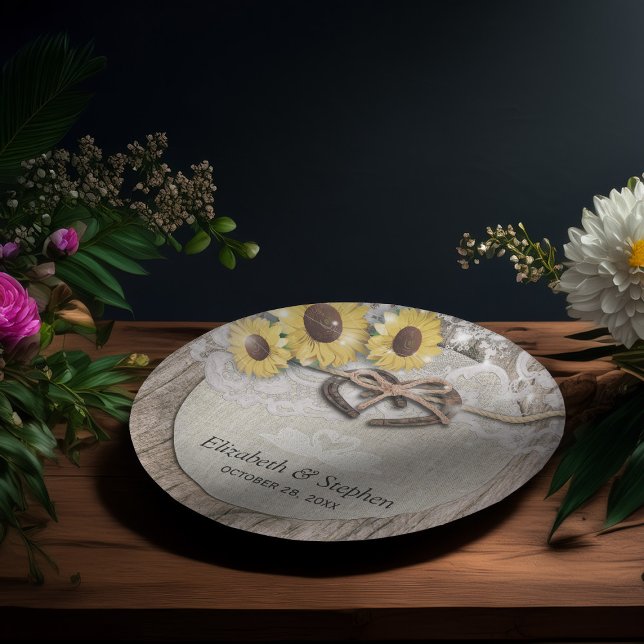 Horseshoes Burlap Lace Sunflowers Wedding Shower Paper Plate (Creator Uploaded)