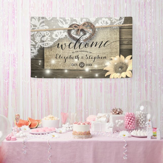 Horseshoes Burlap Lace Sunflowers Wedding Welcome  Banner (Party)