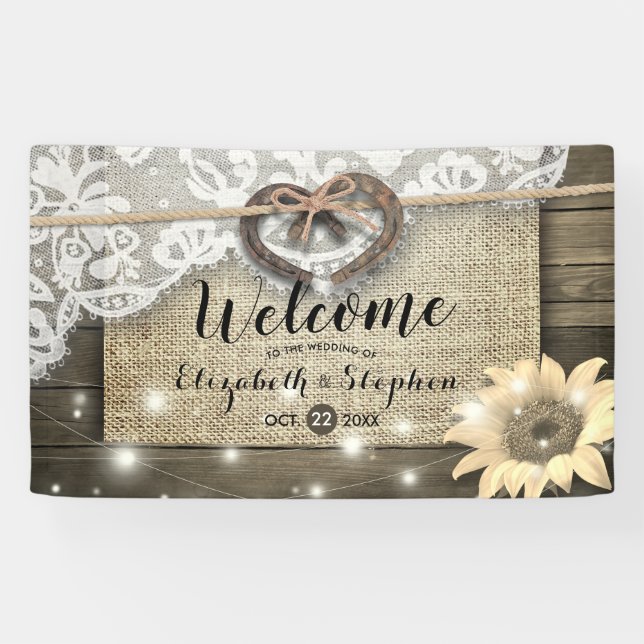 Horseshoes Burlap Lace Sunflowers Wedding Welcome Banner (Horizontal)