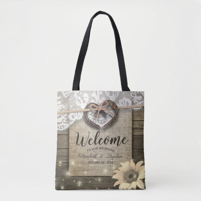 Horseshoes Heart Sunflower Country Wedding Welcome Tote Bag (Front)