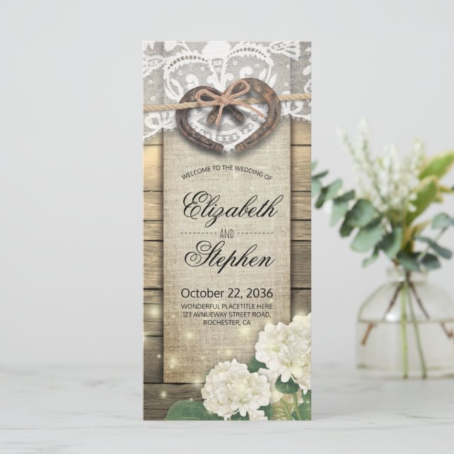 Horseshoes Hydrangea Flower Wood Country Wedding Programme (Standing Front)
