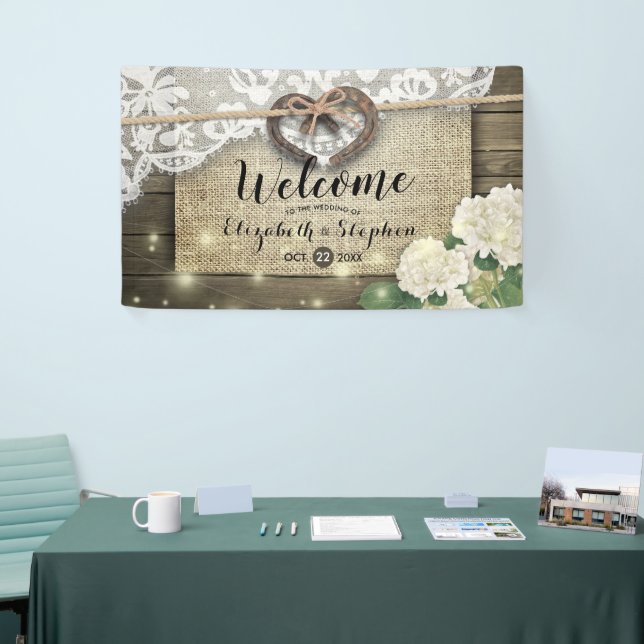 Horseshoes Hydrangea Rustic Wood Wedding Welcome Banner (Tradeshow)